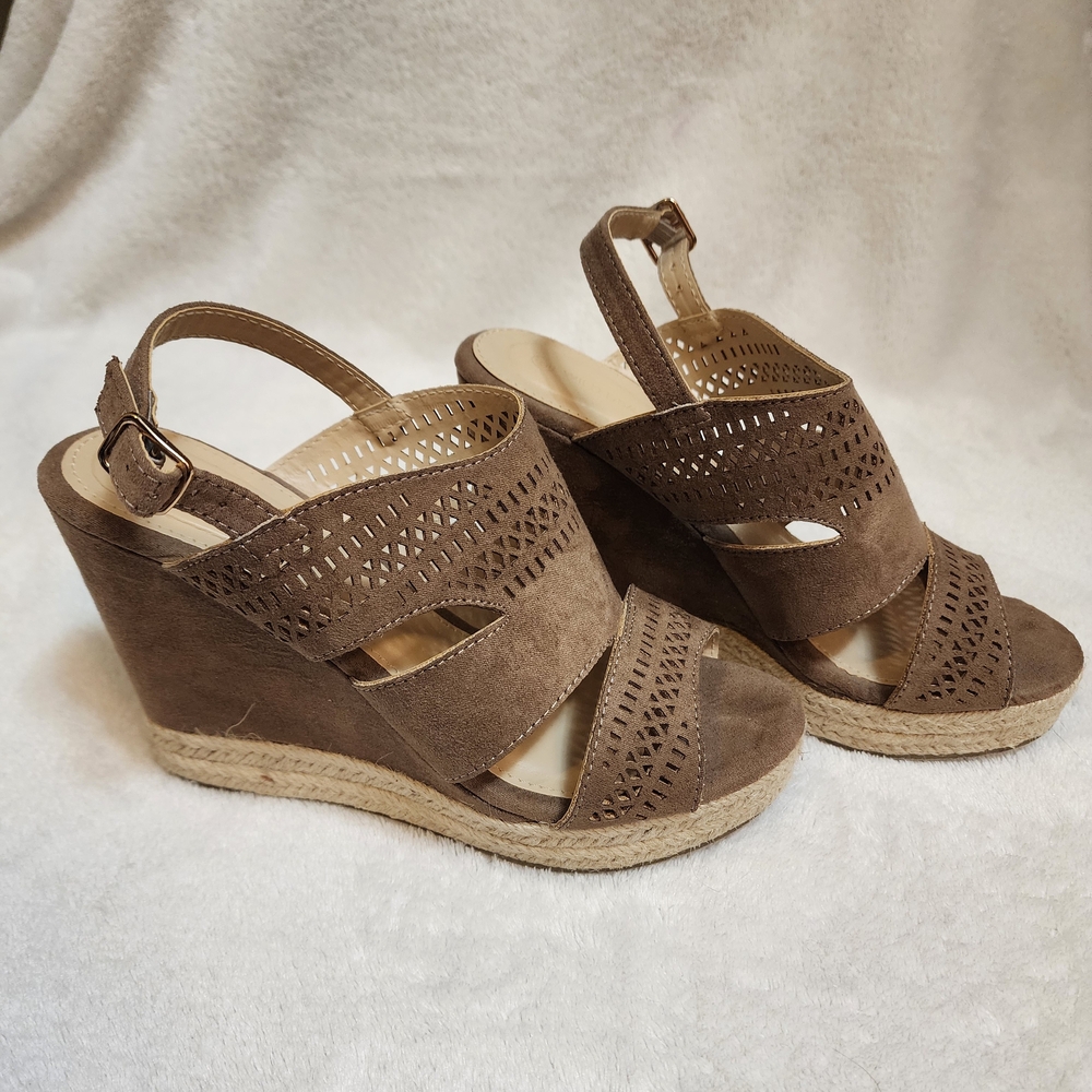 Women’s Taupe Suede Wedge Sandals with Cutout Detail